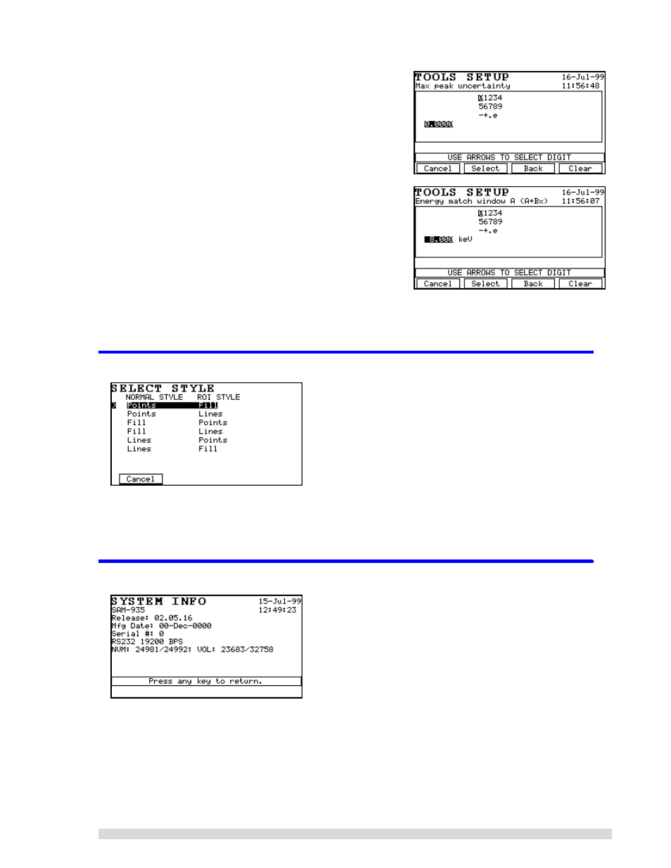 9 select spectrum draw style, 10 show system information, Select spectrum draw style | Show system information | BNC SAM 935 Portable Gamma Spectroscopy System User Manual | Page 57 / 70