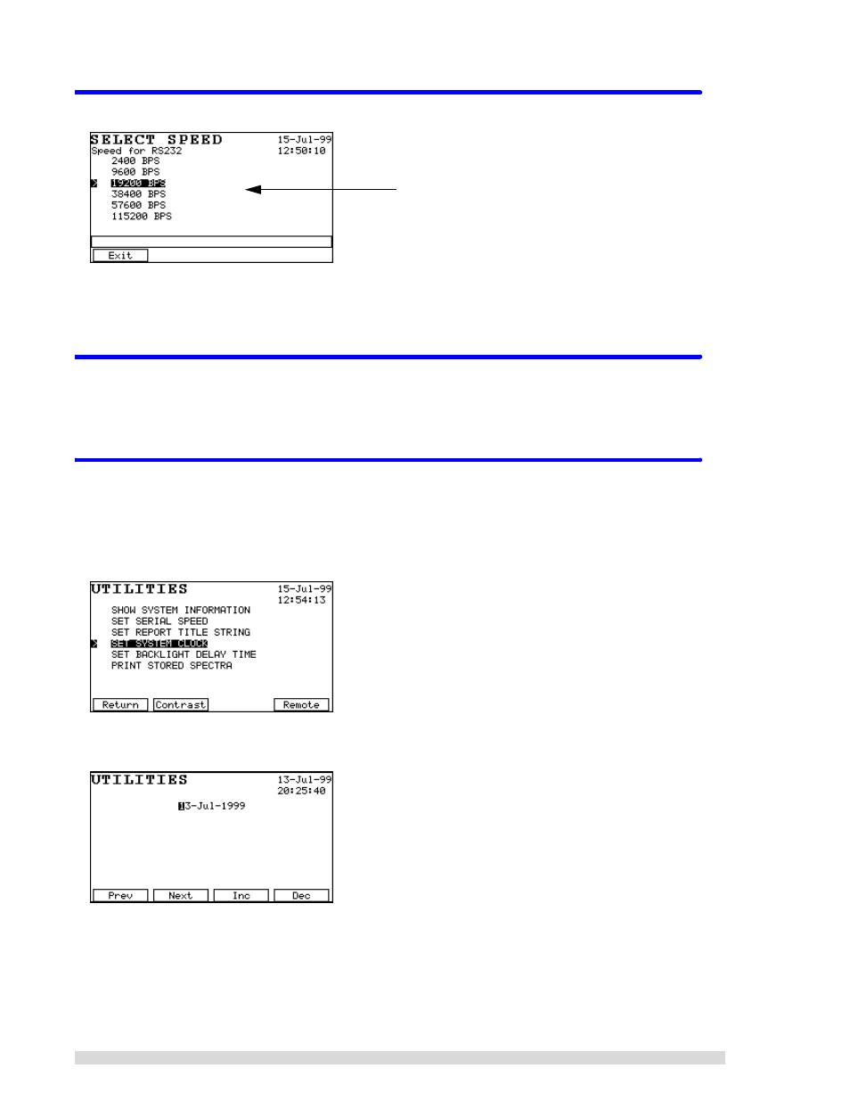 11 set serial speed, 12 set report title string, 13 set system clock—date and time | Set serial speed, Set report title string, Set system clock—date and time | BNC SAM 935 Portable Gamma Spectroscopy System User Manual | Page 58 / 70