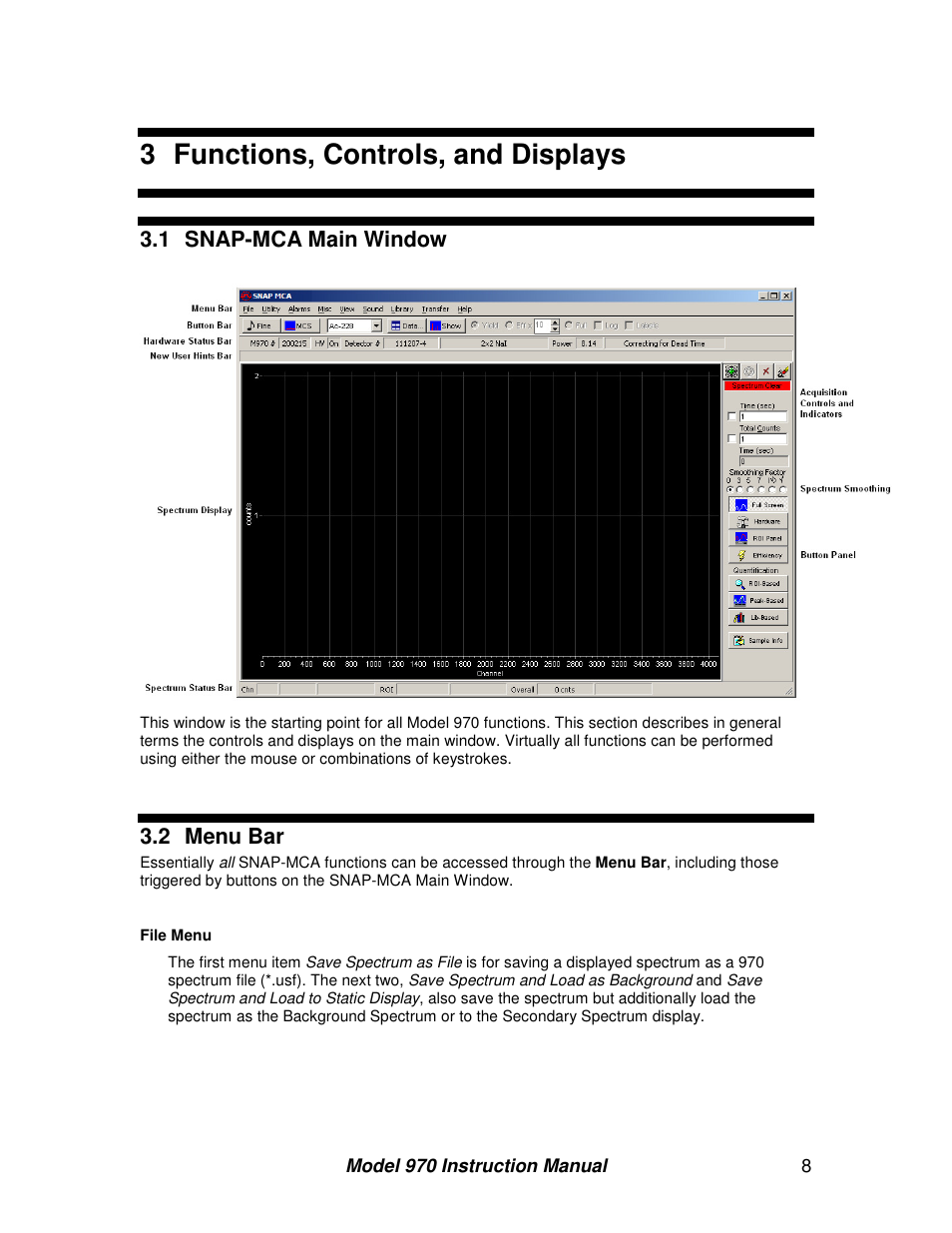 3 functions, controls, and displays, 1 snap-mca main window, 2 menu bar | BNC 970 Portable Multi-Channel Analyzer (MCA) User Manual | Page 11 / 53