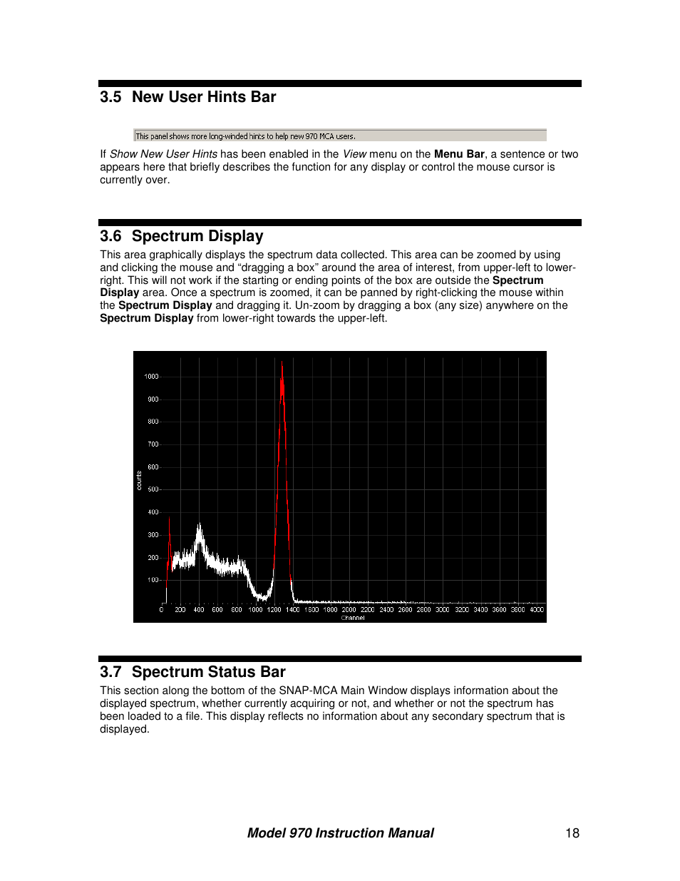 5 new user hints bar, 6 spectrum display, 7 spectrum status bar | BNC 970 Portable Multi-Channel Analyzer (MCA) User Manual | Page 21 / 53