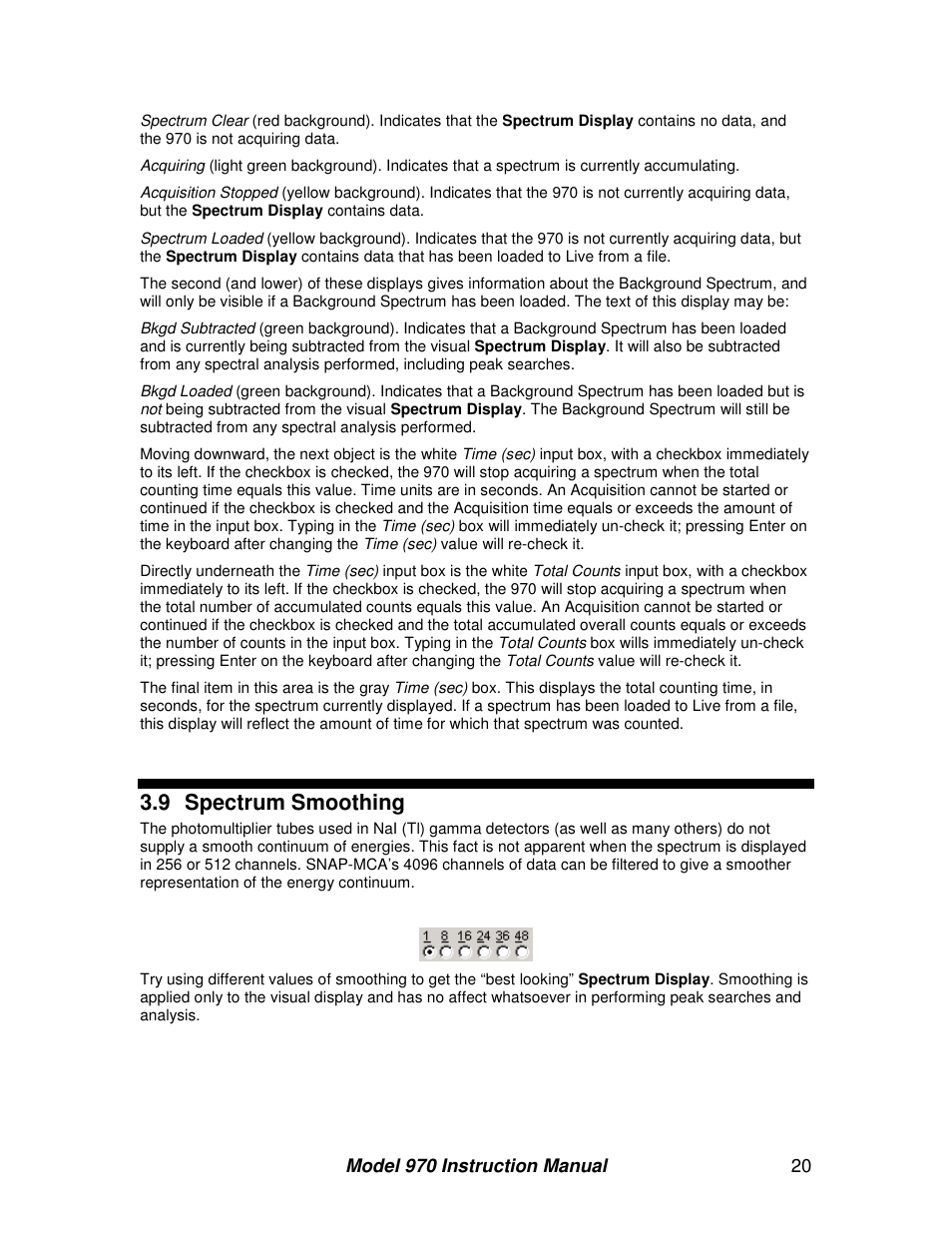 9 spectrum smoothing | BNC 970 Portable Multi-Channel Analyzer (MCA) User Manual | Page 23 / 53