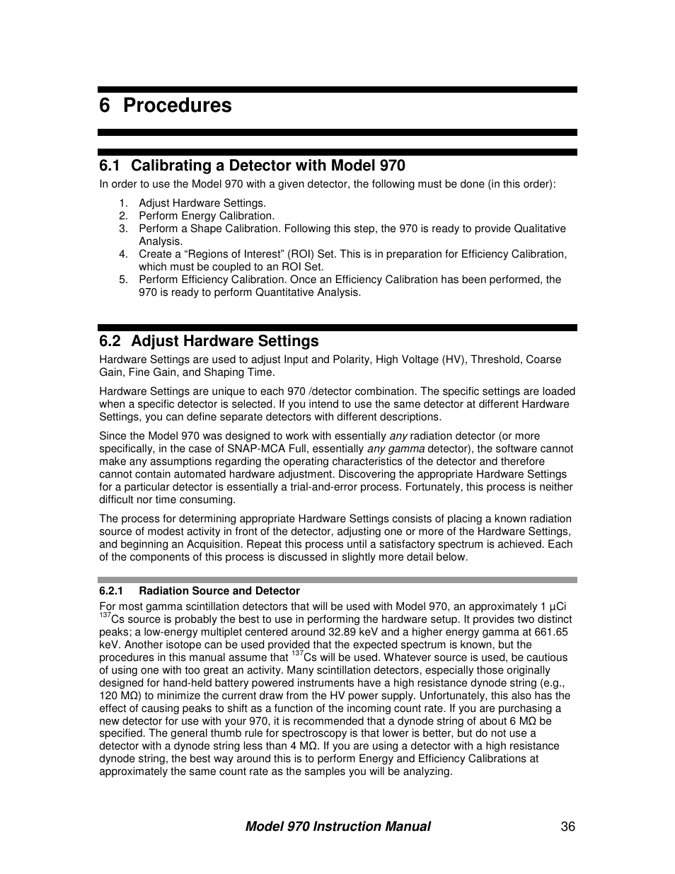 6 procedures, 1 calibrating a detector with model 970, 2 adjust hardware settings | BNC 970 Portable Multi-Channel Analyzer (MCA) User Manual | Page 39 / 53