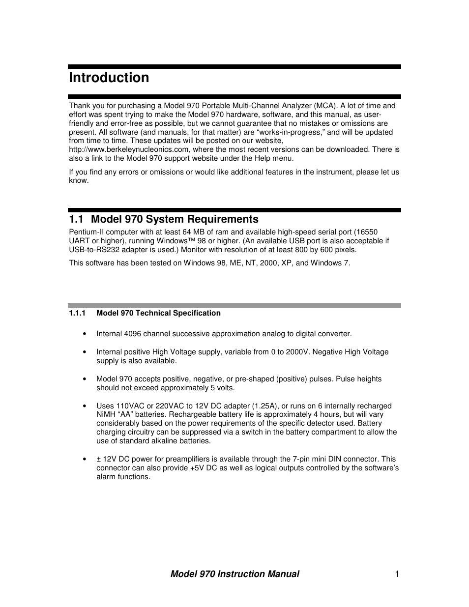 Introduction, 1 model 970 system requirements | BNC 970 Portable Multi-Channel Analyzer (MCA) User Manual | Page 4 / 53