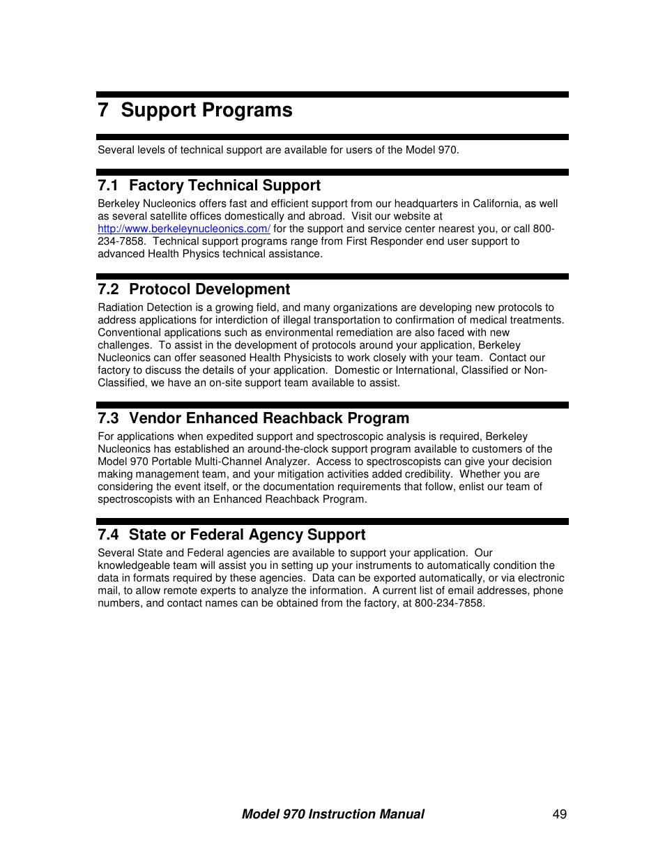 7 support programs | BNC 970 Portable Multi-Channel Analyzer (MCA) User Manual | Page 52 / 53
