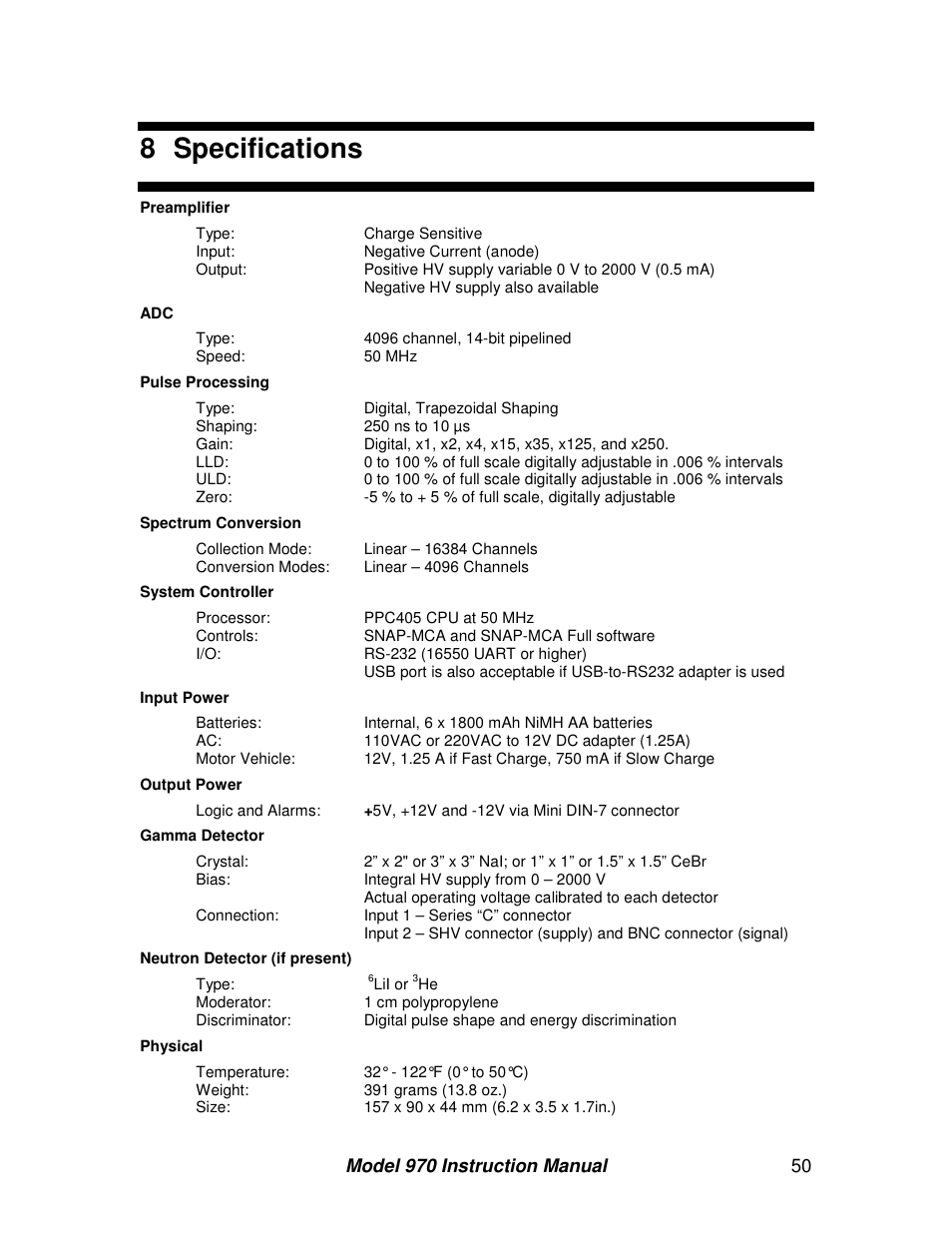 8 specifications | BNC 970 Portable Multi-Channel Analyzer (MCA) User Manual | Page 53 / 53