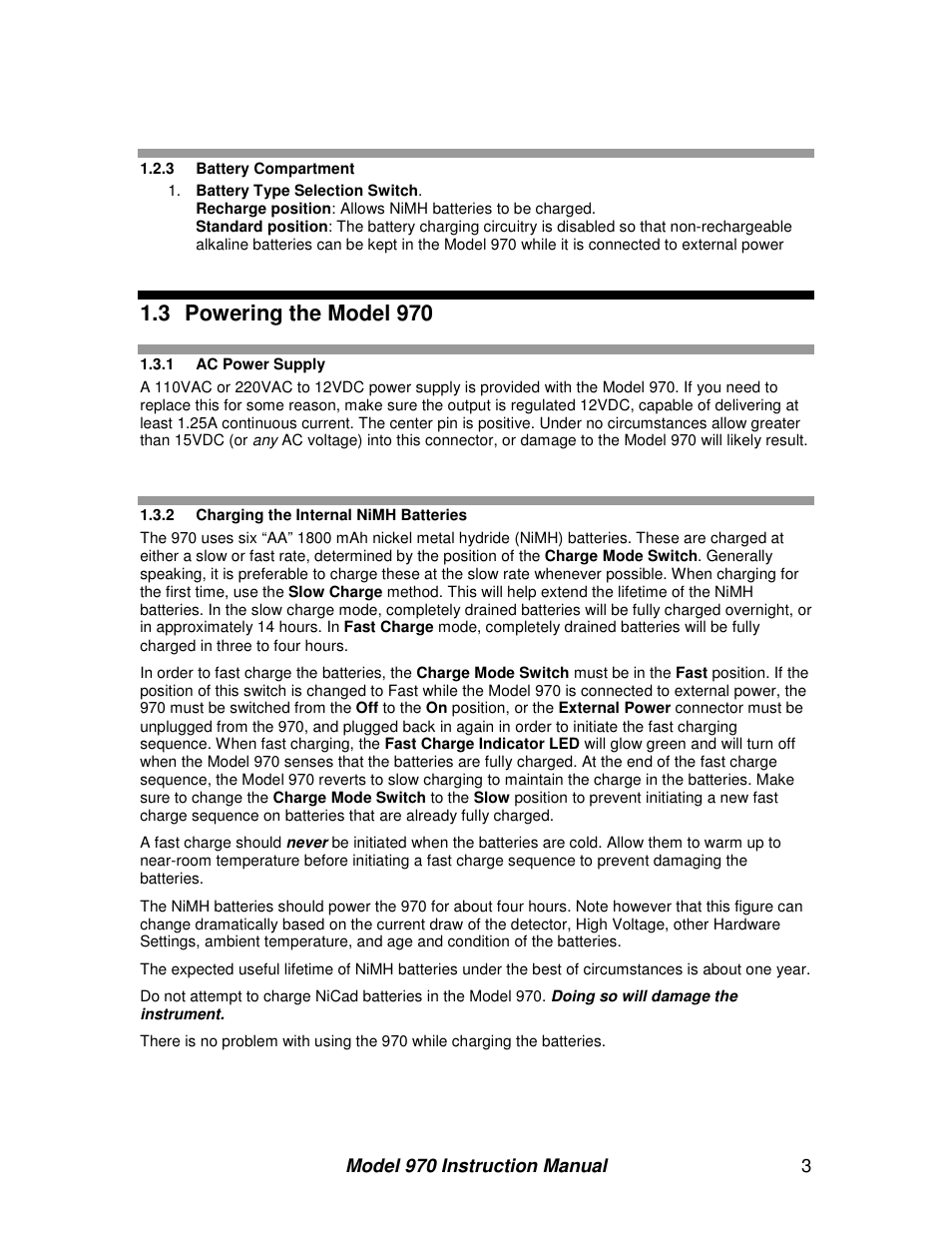 3 powering the model 970 | BNC 970 Portable Multi-Channel Analyzer (MCA) User Manual | Page 6 / 53