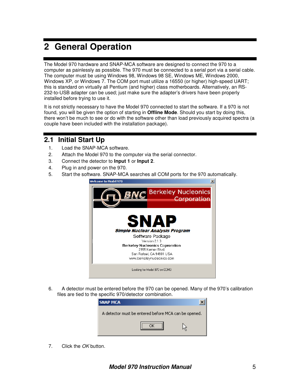 2 general operation, 1 initial start up | BNC 970 Portable Multi-Channel Analyzer (MCA) User Manual | Page 8 / 53