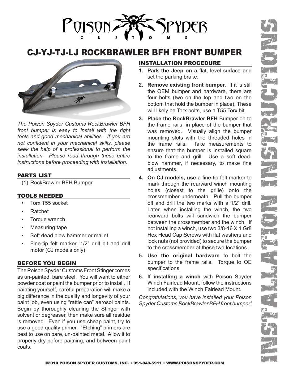 Poison Spyder LJ ROCKBRAWLER BFH FRONT BUMPER User Manual | 2 pages