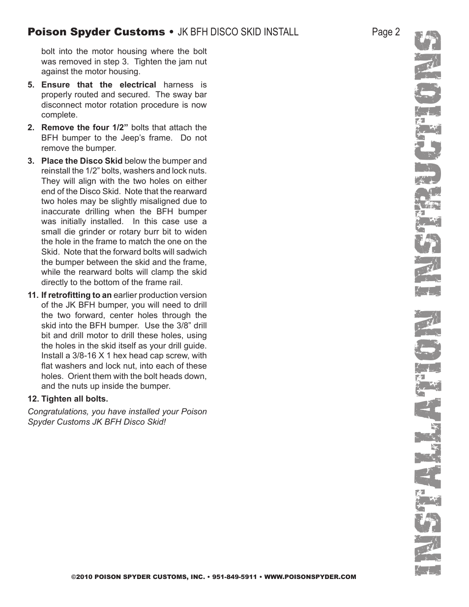 Installation instruc tio ns | Poison Spyder JK BFH 07-11 DISCO SKID User Manual | Page 2 / 3