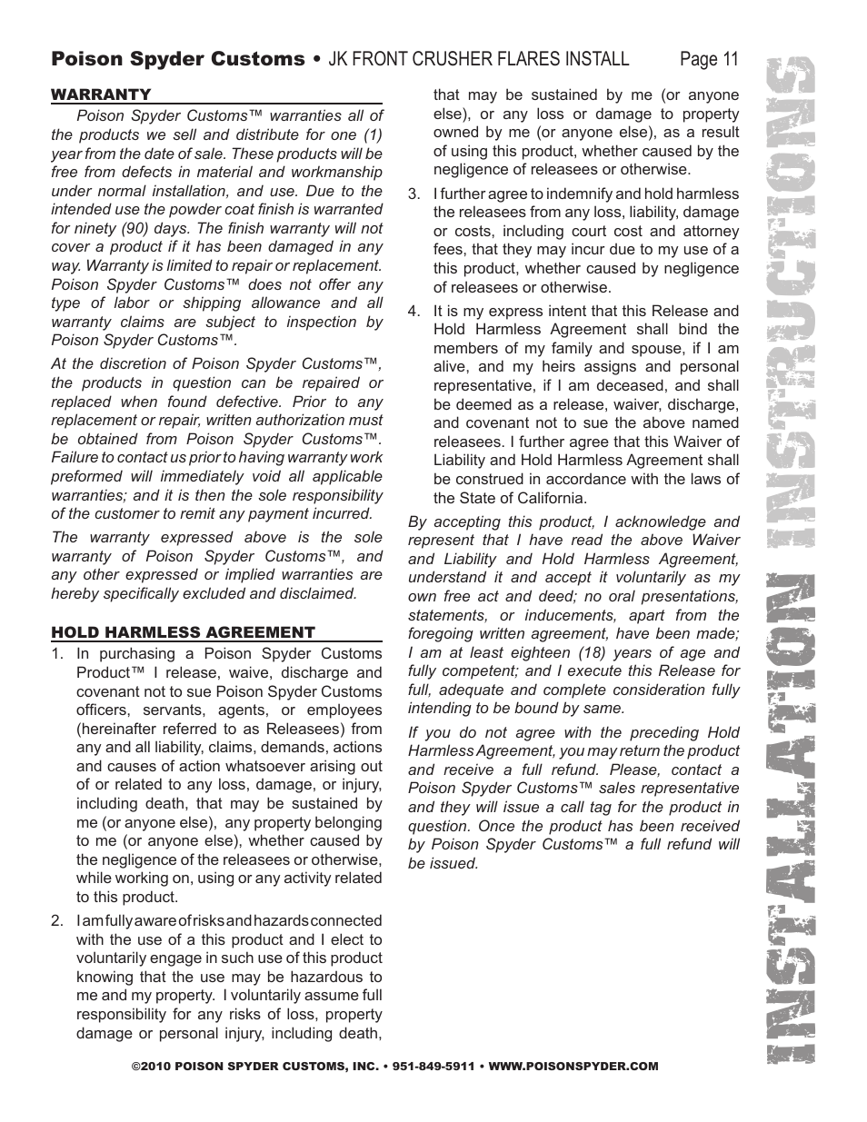Installation instruc tions | Poison Spyder JK FRONT CRUSHER FLARES User Manual | Page 11 / 11