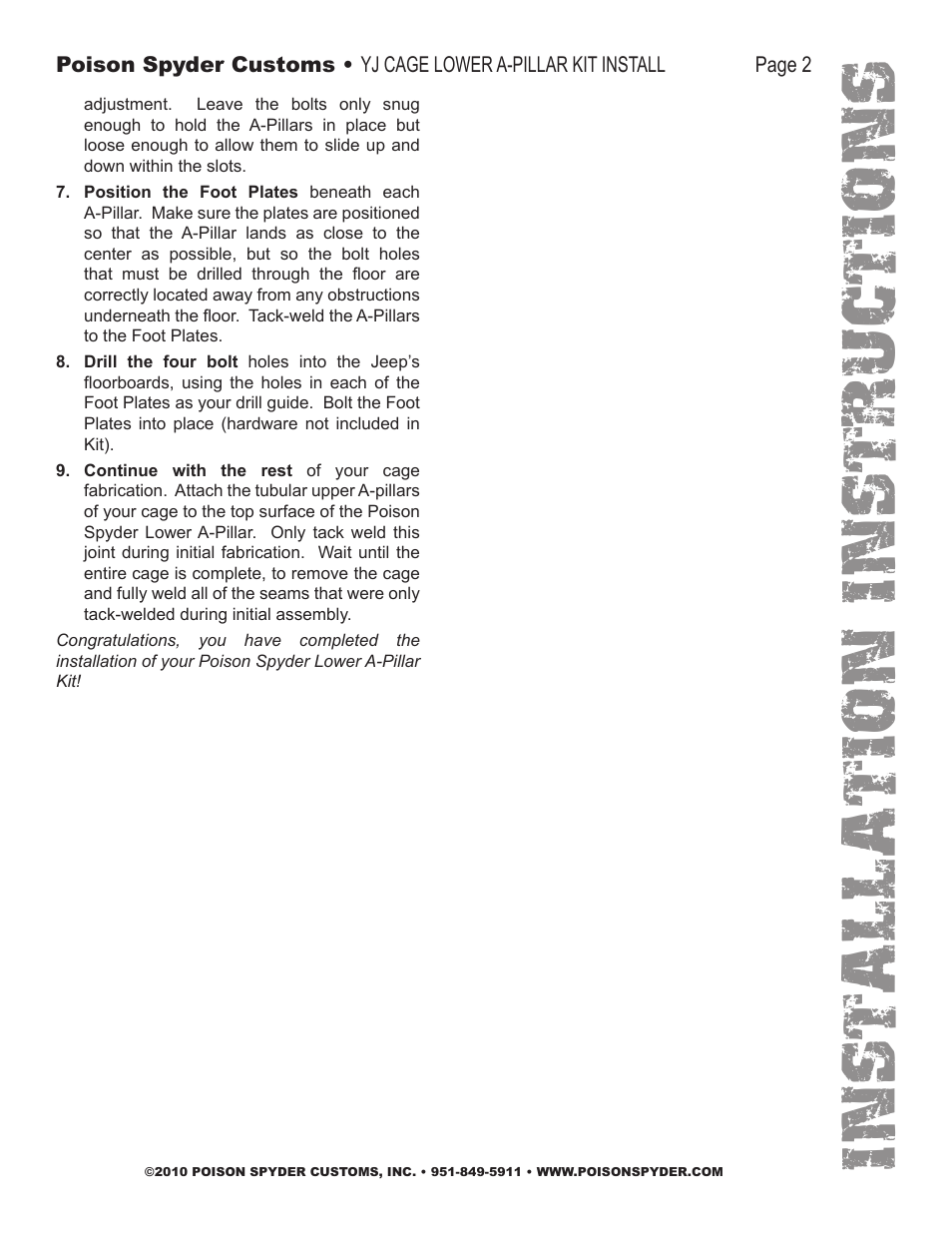 Installation instruc tio ns | Poison Spyder YJ CAGE LOWER A-PILLAR KIT User Manual | Page 2 / 3