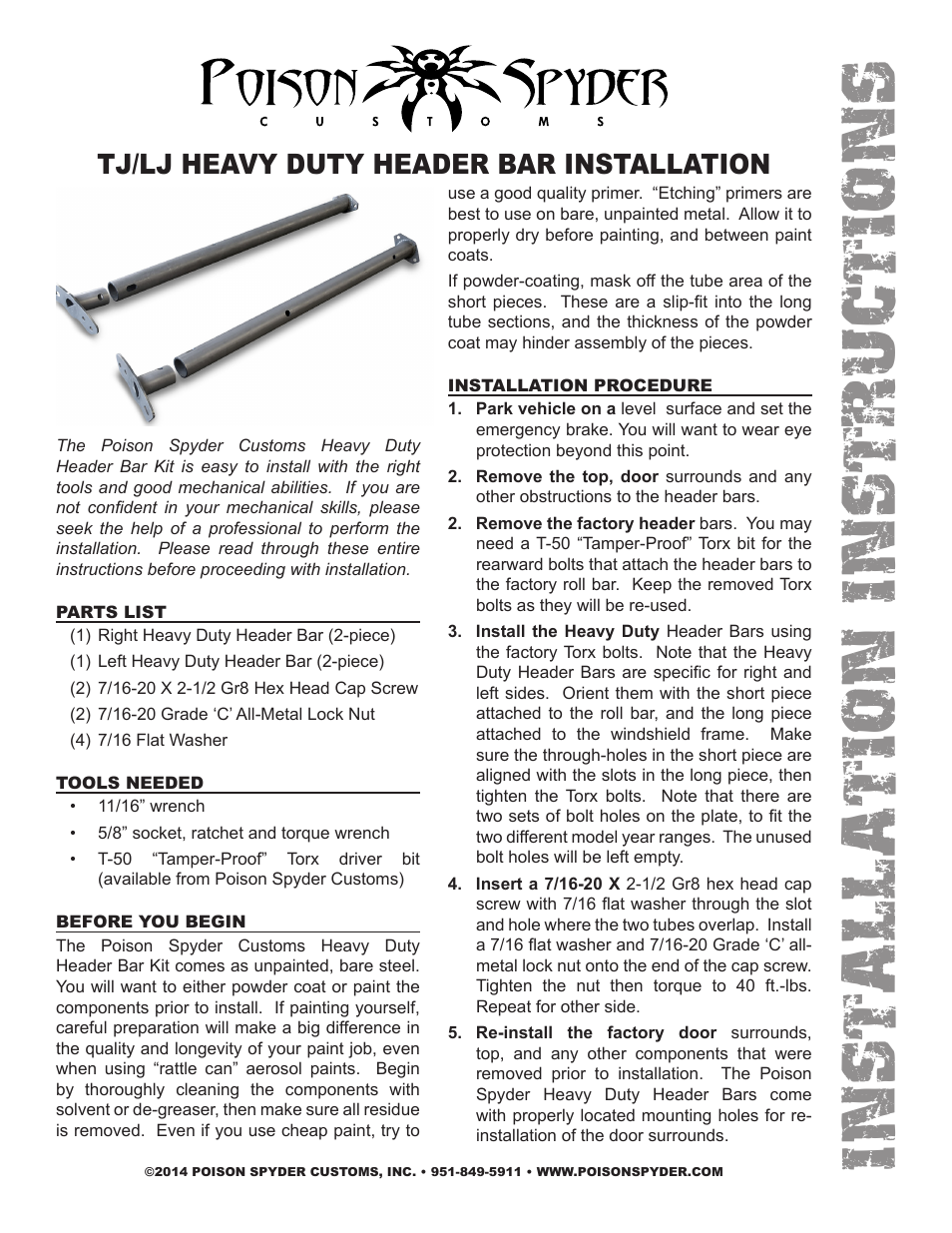 Poison Spyder LJ HEAVY DUTY HEADER BAR User Manual | 2 pages