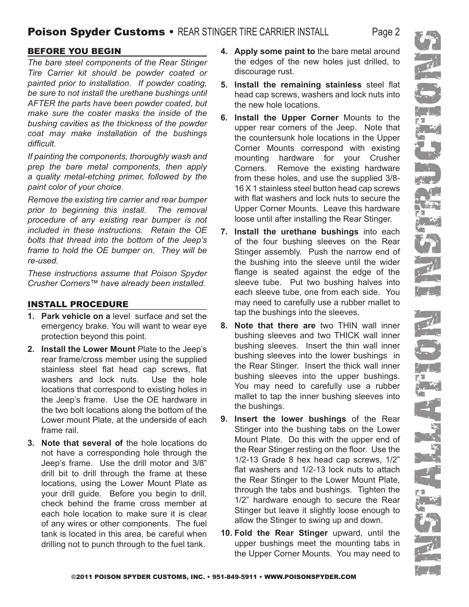 Installation instruc tio ns | Poison Spyder REAR STINGER TIRE CARRIER User Manual | Page 2 / 4