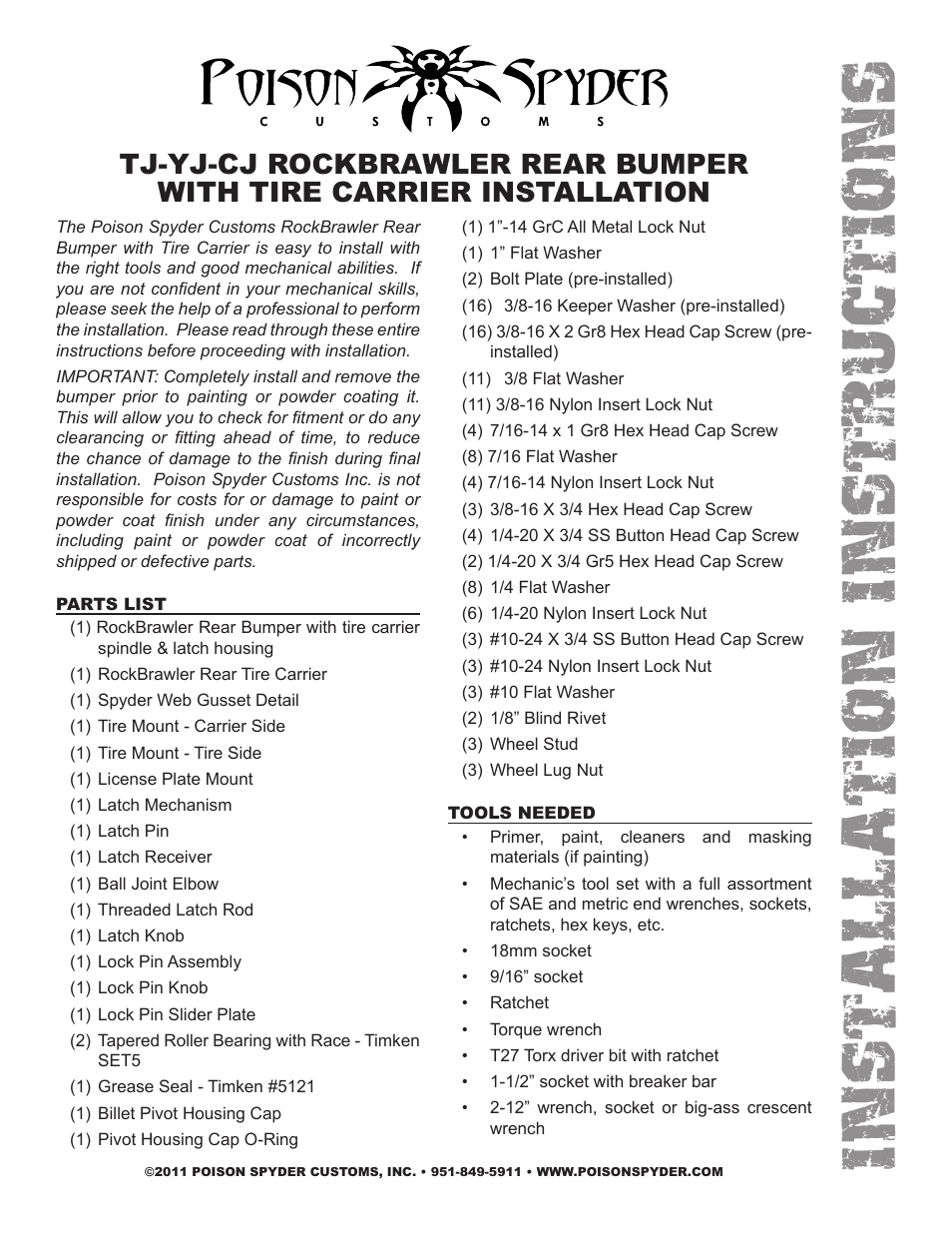 Poison Spyder CJ ROCKBRAWLER REAR BUMPER WITH TIRE CARRIER User Manual | 8 pages