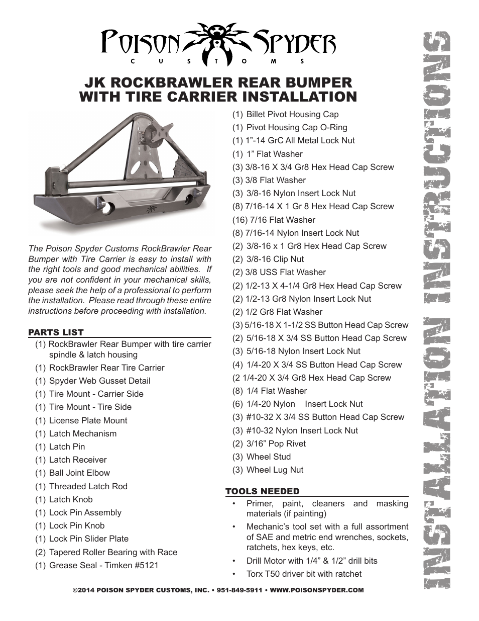 Poison Spyder JK ROCKBRAWLER REAR BUMPER WITH TIRE CARRIER User Manual | 9 pages