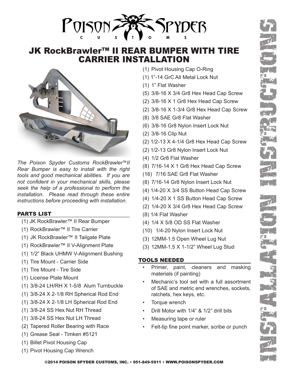 Poison Spyder JK ROCKBRAWLER II REAR BUMPER WITH TIRE CARRIER User Manual | 9 pages