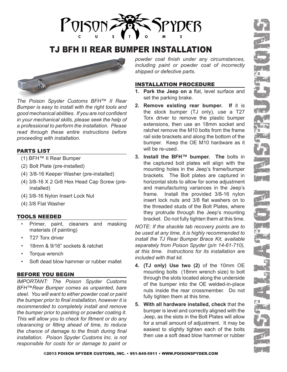 Poison Spyder TJ BFH II REAR BUMPER User Manual | 3 pages