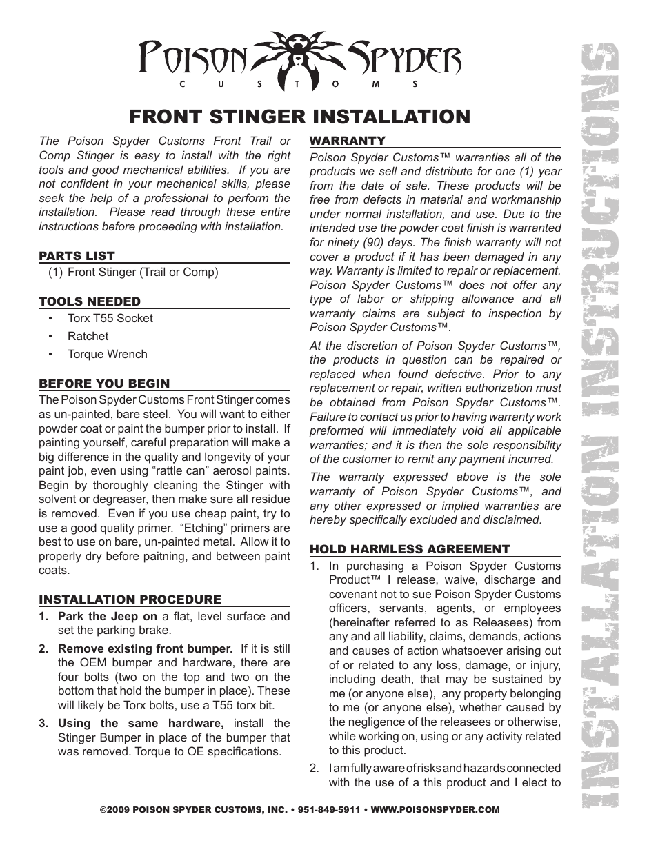 Poison Spyder FRONT STINGER User Manual | 2 pages