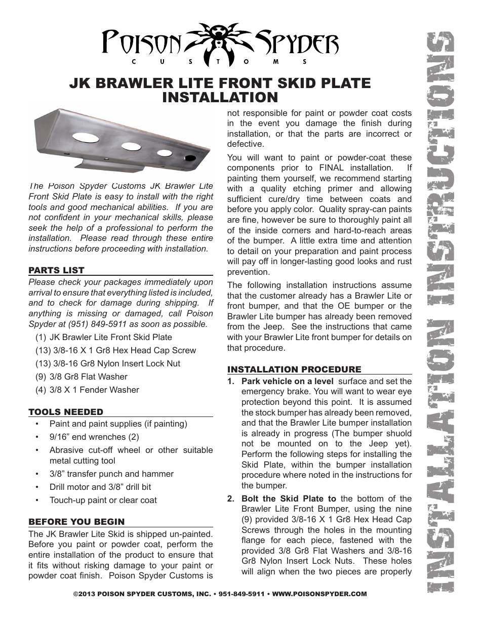 Poison Spyder JK BRAWLER LITE FRONT SKID PLATE User Manual | 4 pages