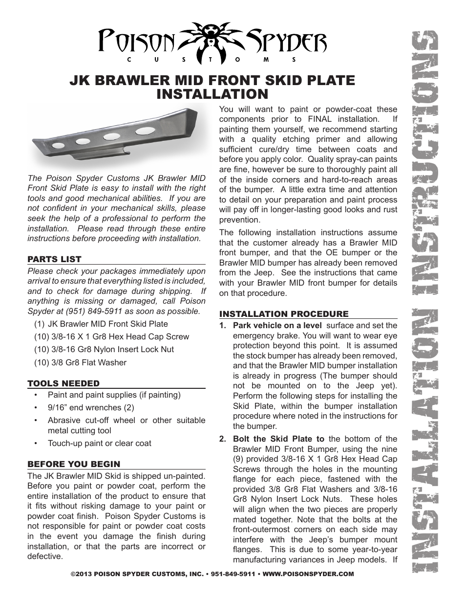 Poison Spyder JK BRAWLER MID FRONT SKID PLATE User Manual | 4 pages