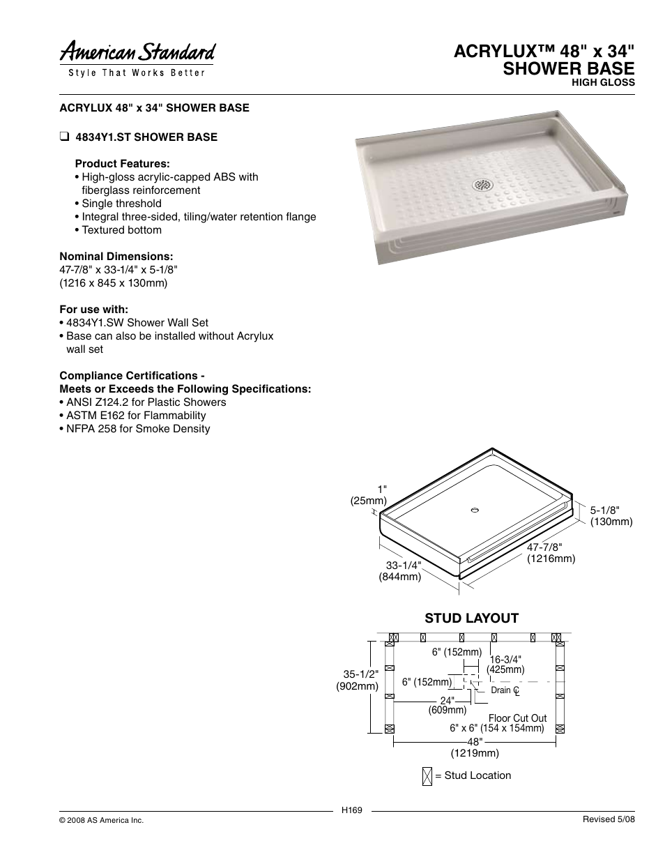 American Standard Acrylux Shower Base 4834Y1.ST User Manual | 1 page