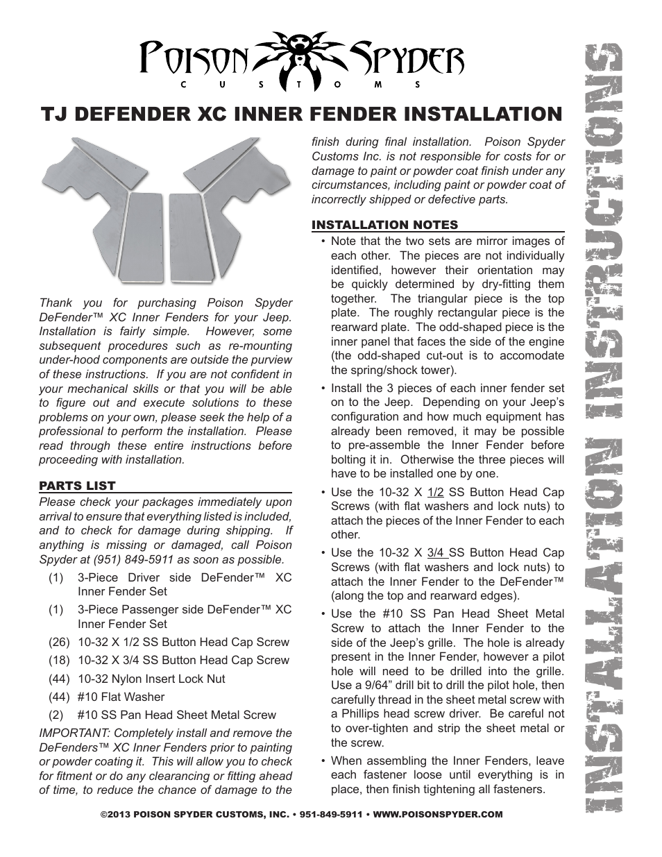Poison Spyder TJ DEFENDER XC INNER FENDER User Manual | 3 pages