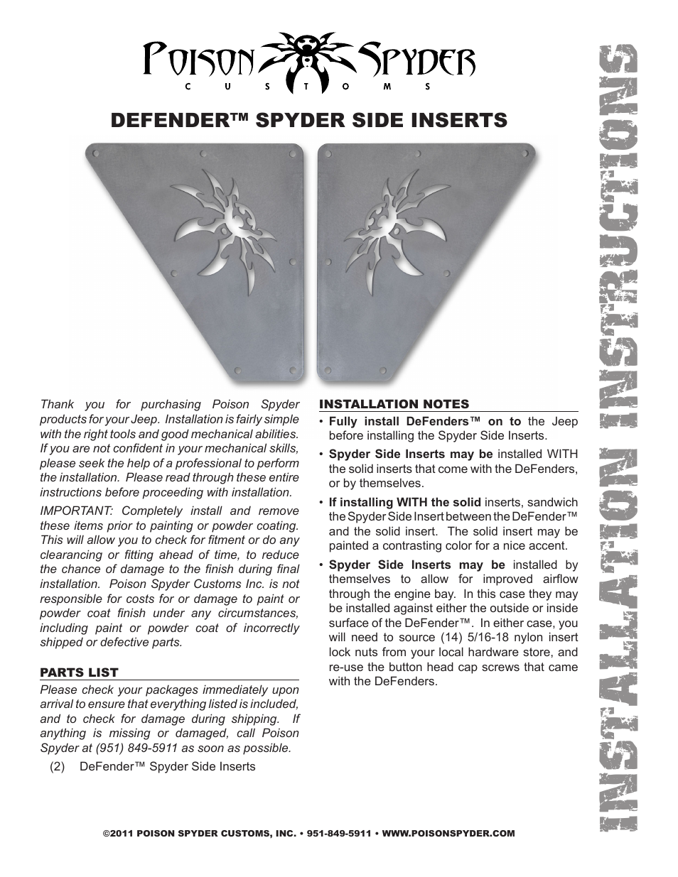 Poison Spyder DEFENDER SPYDER SIDE INSERTS User Manual | 2 pages
