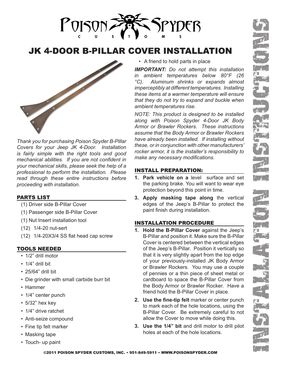 Poison Spyder JK 4-DOOR B-PILLAR COVER User Manual | 3 pages