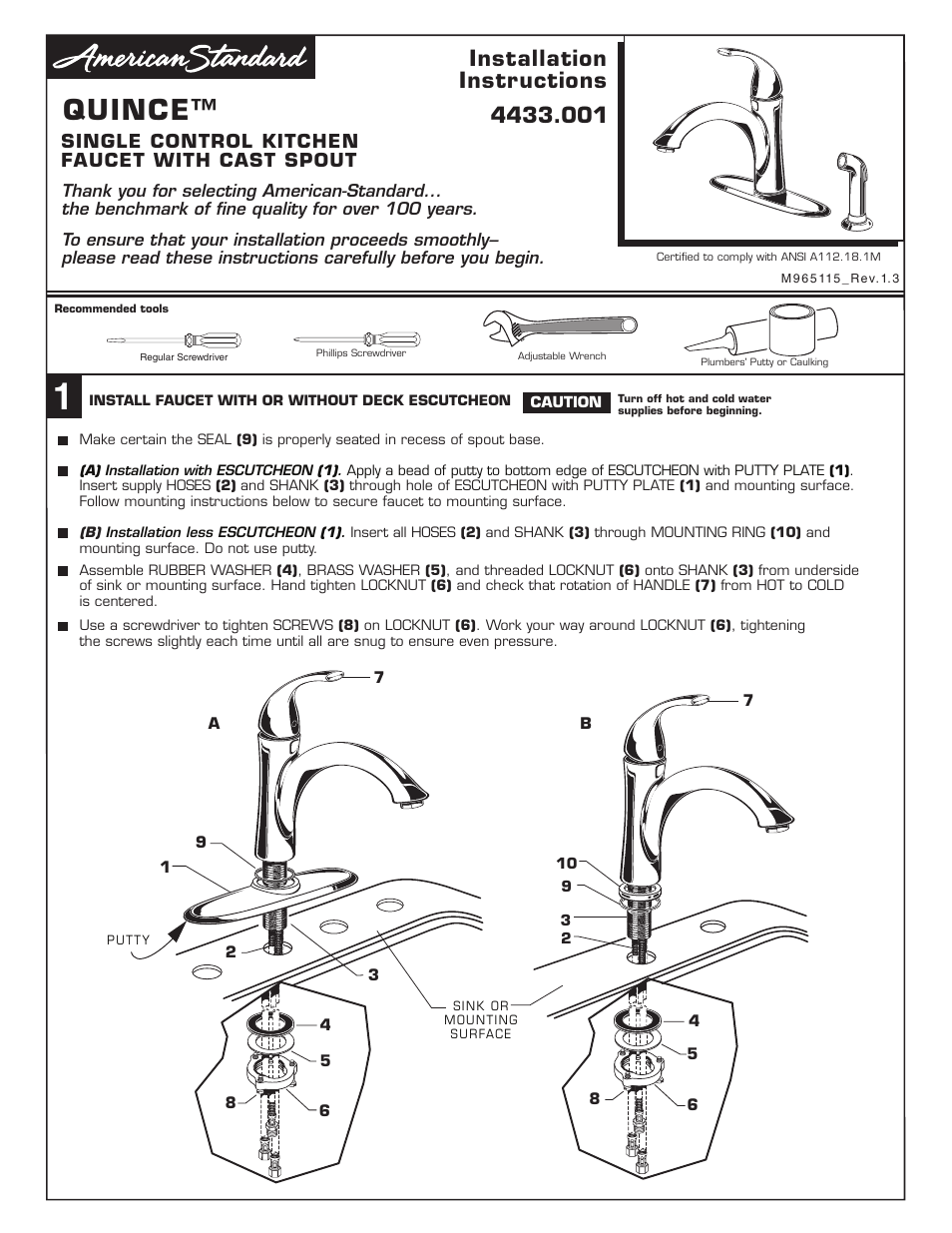 American Standard QUINCE 4433.001 User Manual | 3 pages