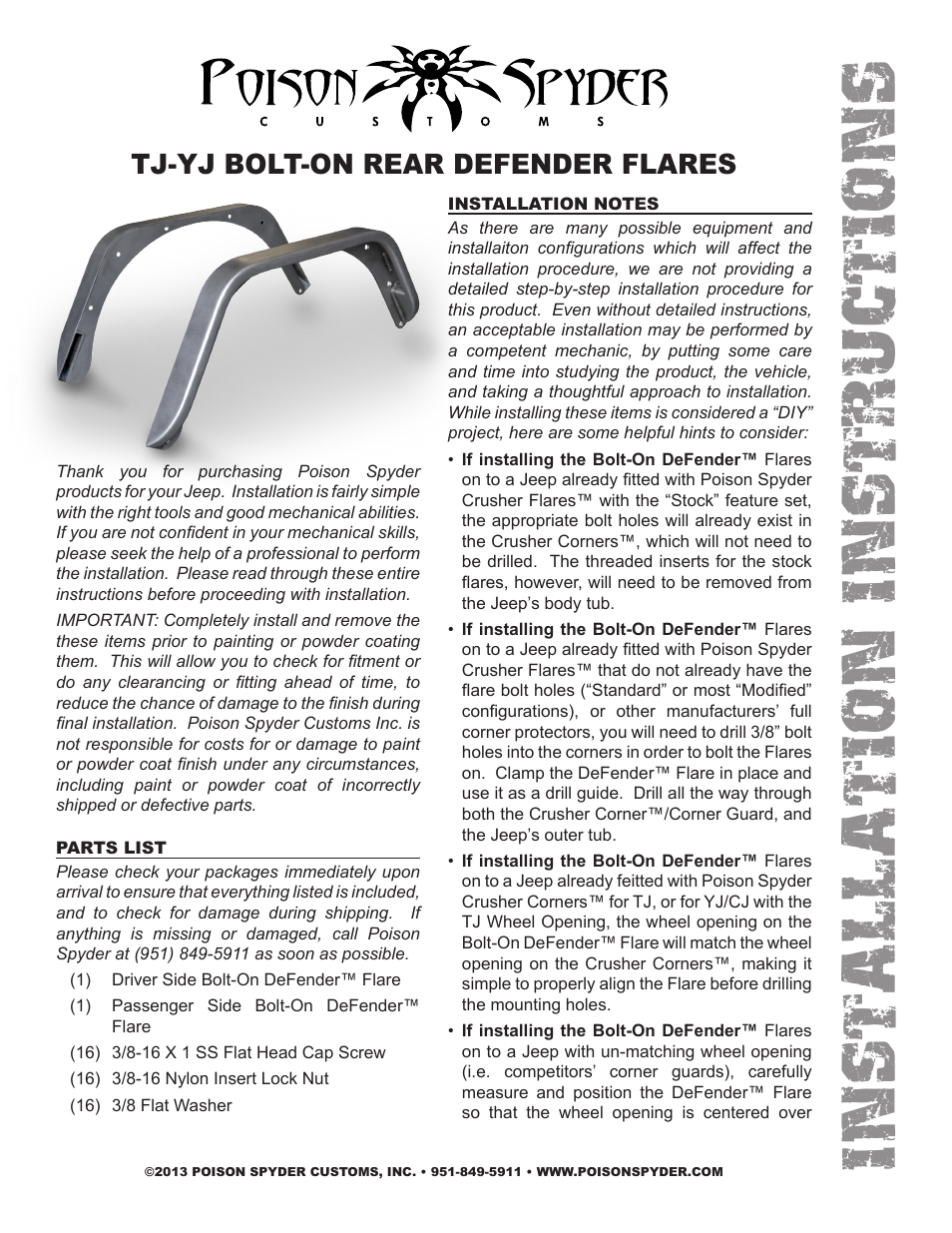 Poison Spyder YJ BOLT-ON REAR DEFENDER FLARES User Manual | 3 pages