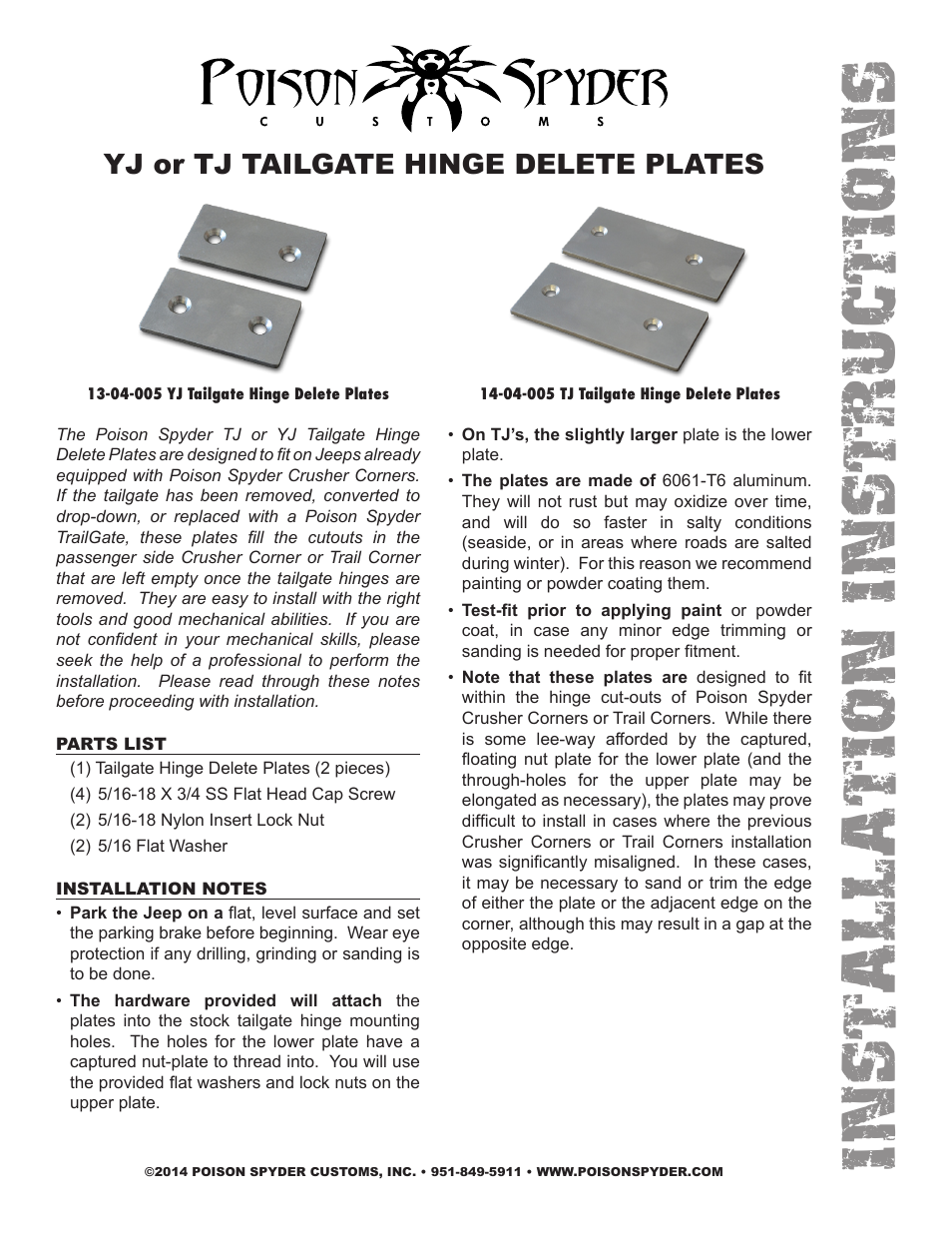 Poison Spyder TJ TAILGATE HINGE DELETE PLATES User Manual | 2 pages