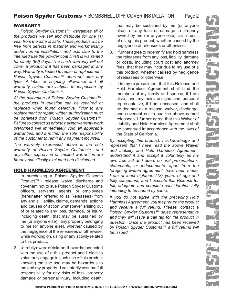 Installation instruc tio ns | Poison Spyder DANA 44 BOMBSHELL User Manual | Page 2 / 2