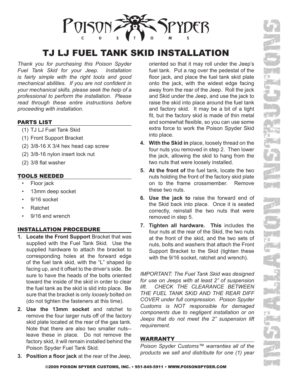 Poison Spyder LJ FUEL TANK SKID User Manual | 2 pages