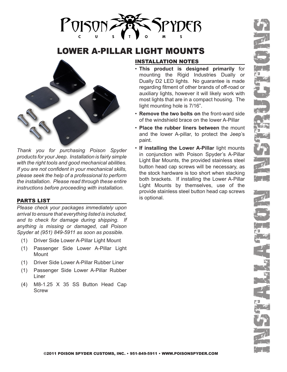 Poison Spyder LOWER A-PILLAR LIGHT MOUNTS User Manual | 2 pages