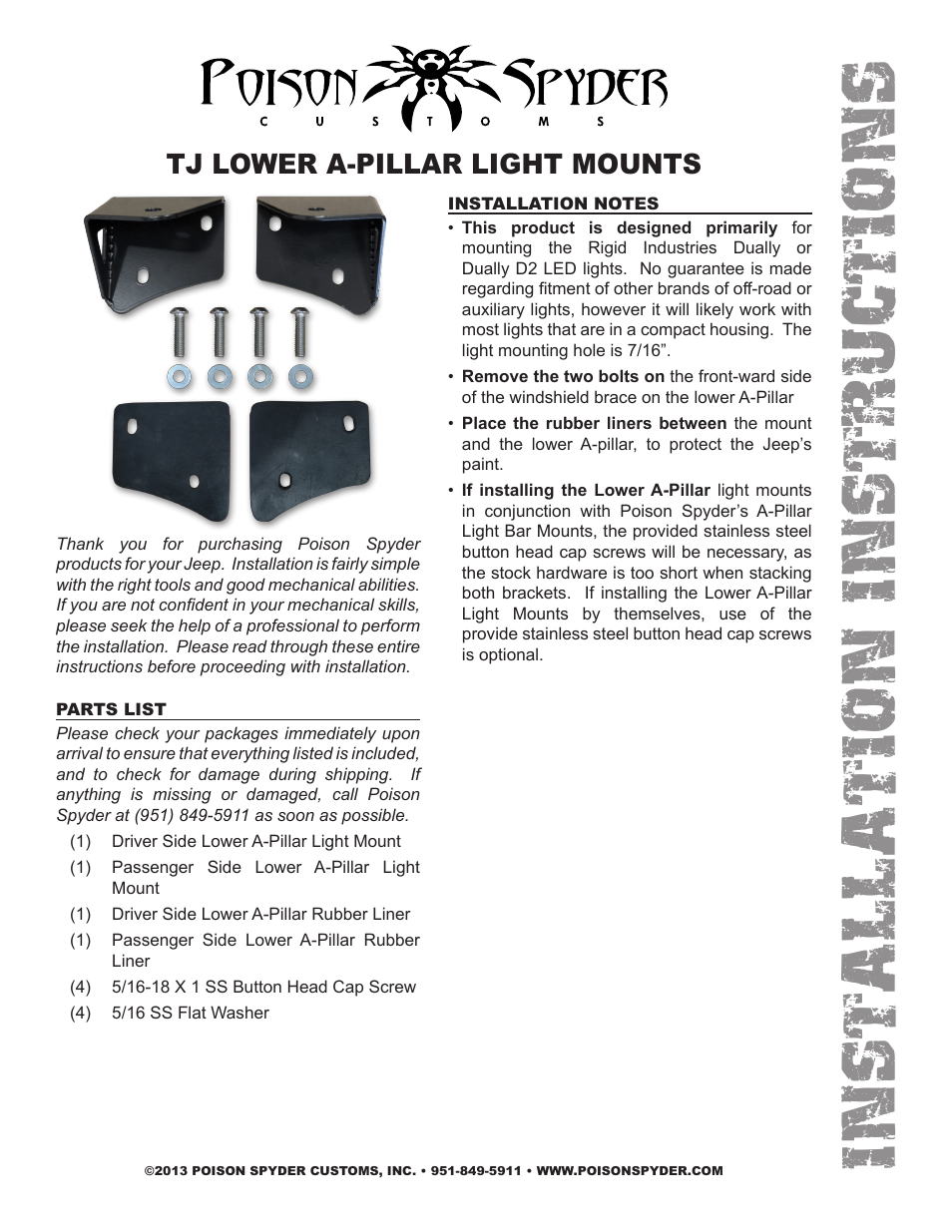 Poison Spyder TJ LOWER A-PILLAR LIGHT MOUNTS User Manual | 2 pages