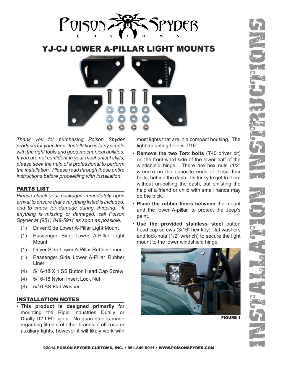 Poison Spyder CJ LOWER A-PILLAR LIGHT MOUNTS User Manual | 2 pages