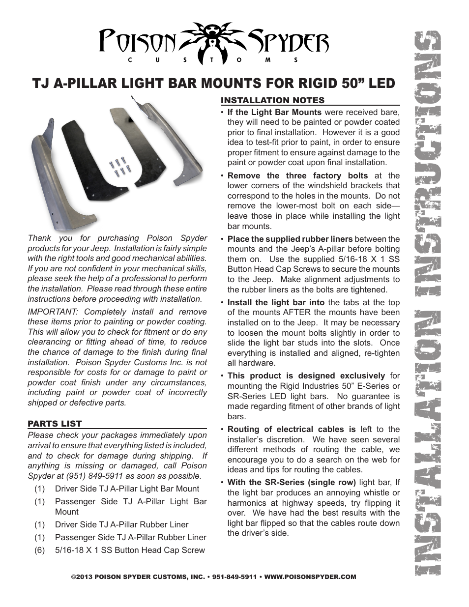 Poison Spyder TJ A-PILLAR LIGHT BAR MOUNTS FOR RIGID 50 LED User Manual | 2 pages