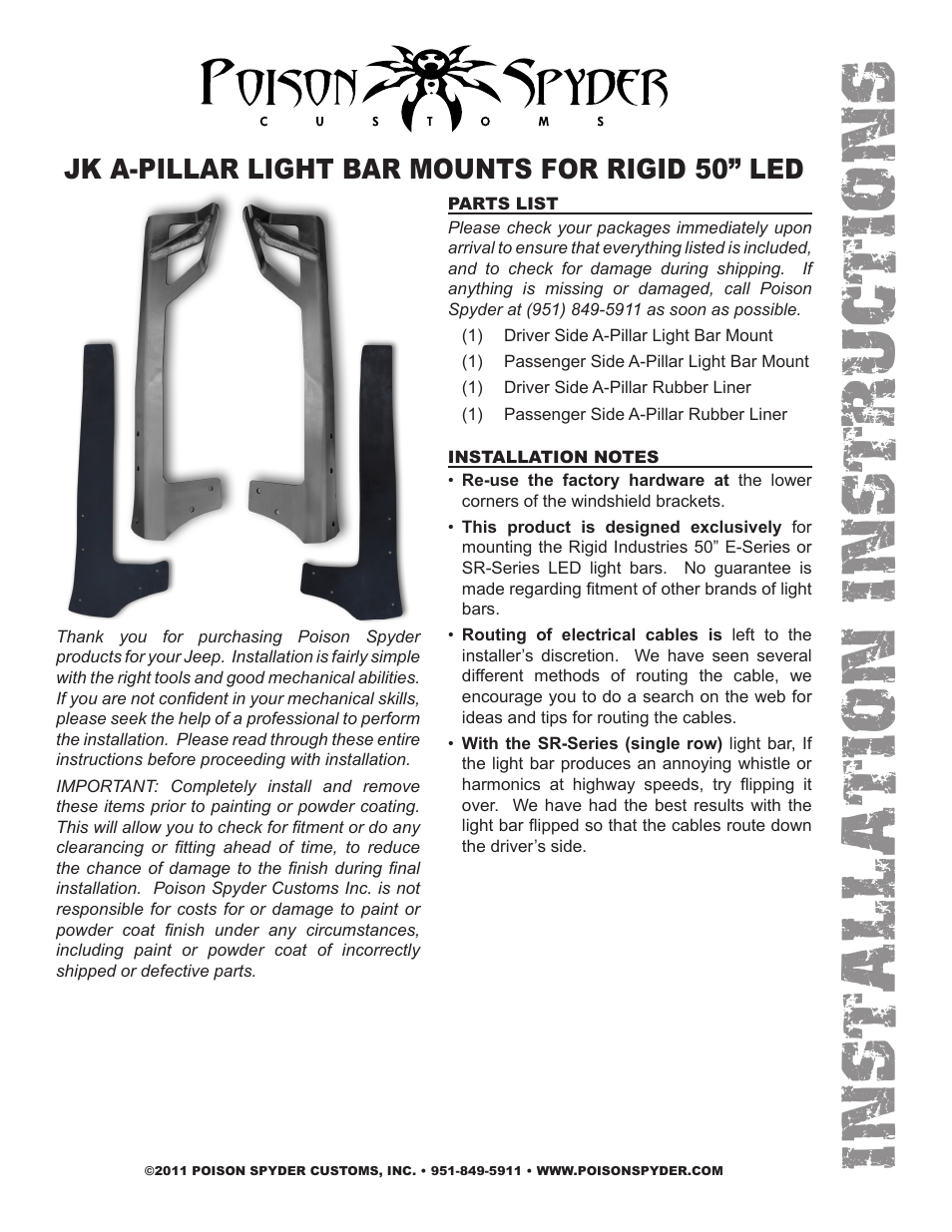 Poison Spyder JK A-PILLAR LIGHT BAR MOUNTS FOR RIGID 50 LED User Manual | 2 pages
