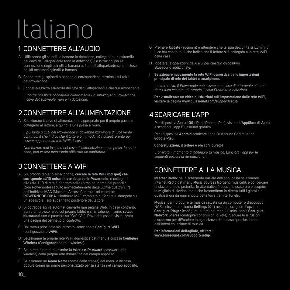 Italiano, Connettere all’audio, Connettere all’alimentazione | Connettere a wifi, 4 scaricare l’app, Connettere alla musica | Bluesound POWERNODE Quick start guide User Manual | Page 10 / 16