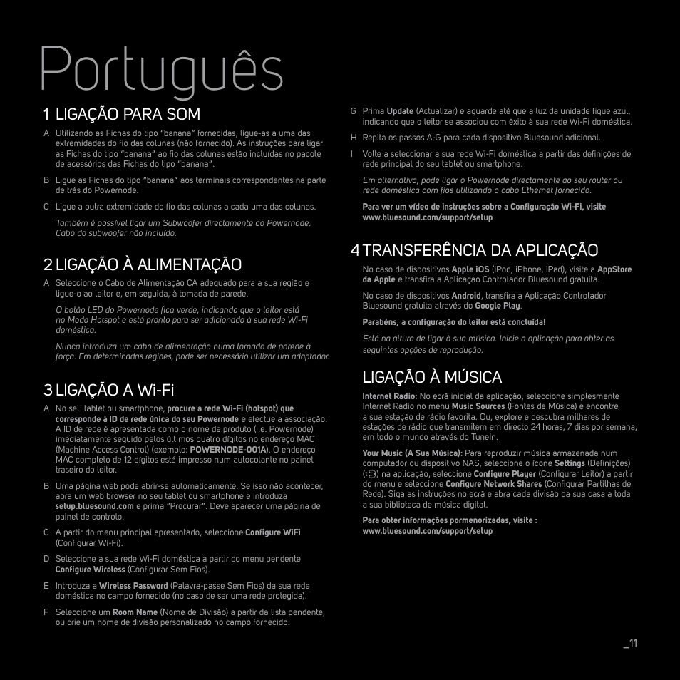 Português, Ligação para som, Ligação à alimentação | Ligação a wi-fi, Transferência da aplicação, Ligação à música | Bluesound POWERNODE Quick start guide User Manual | Page 11 / 16