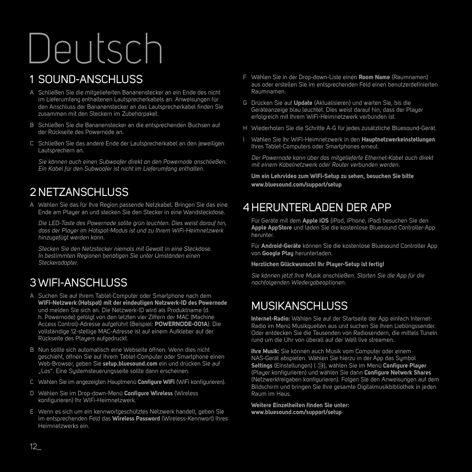 Deutsch, 1 sound-anschluss, 2 netzanschluss | Wifi-anschluss, Herunterladen der app, Musikanschluss | Bluesound POWERNODE Quick start guide User Manual | Page 12 / 16