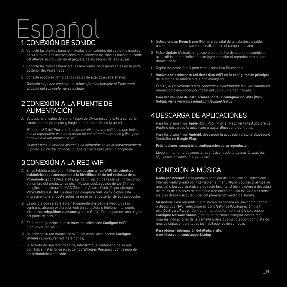 Español, Conexión de sonido, Conexión a la fuente de alimentación | Conexión a la red wifi, Descarga de aplicaciones, Conexión a música | Bluesound POWERNODE Quick start guide User Manual | Page 9 / 16