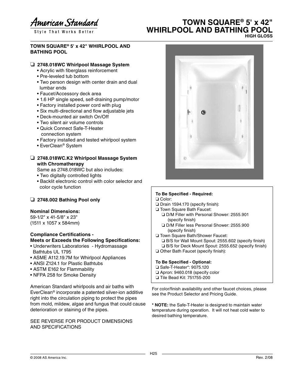 American Standard Town Square 2748.018WC User Manual | 2 pages