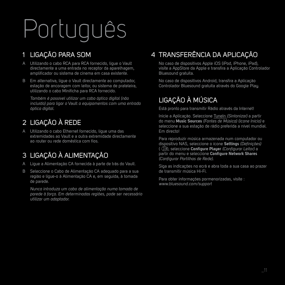 Português, 1 ligação para som, 2 ligação à rede | 3 ligação à alimentação, 4 transferência da aplicação, Ligação à música | Bluesound VAULT Quick start guide User Manual | Page 11 / 16