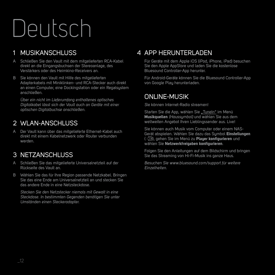 Deutsch, 1 musikanschluss, 2 wlan-anschluss | 3 netzanschluss, 4 app herunterladen, Online-musik | Bluesound VAULT Quick start guide User Manual | Page 12 / 16