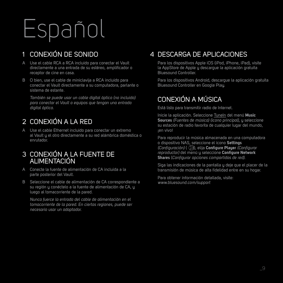 Español, 1 conexión de sonido, 2 conexión a la red | 3 conexión a la fuente de alimentación, 4 descarga de aplicaciones, Conexión a música | Bluesound VAULT Quick start guide User Manual | Page 9 / 16