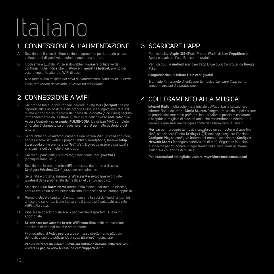 Italiano, Connessione all’alimentazione, Connessione a wifi | Scaricare l’app, Collegamento alla musica | Bluesound PULSE Quick start guide User Manual | Page 10 / 16