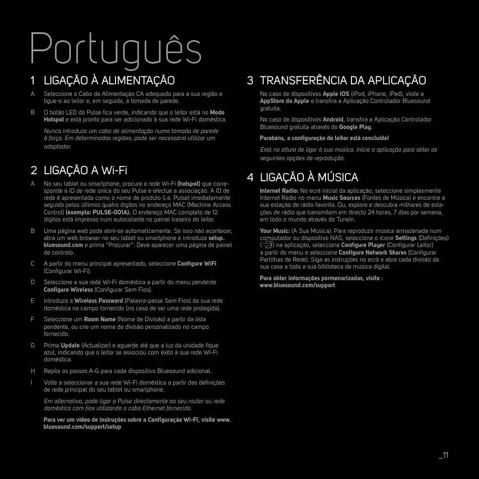Português, Ligação à alimentação, Ligação a wi-fi | Transferência da aplicação, Ligação à música | Bluesound PULSE Quick start guide User Manual | Page 11 / 16