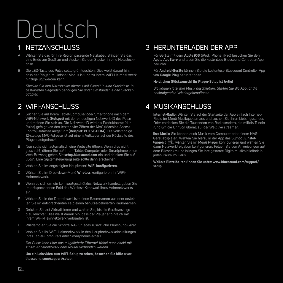 Deutsch, Netzanschluss, Wifi-anschluss | Herunterladen der app, Musikanschluss | Bluesound PULSE Quick start guide User Manual | Page 12 / 16