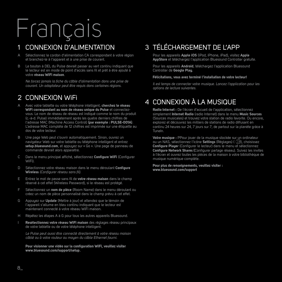 Français, Connexion d’alimentation, Connexion wifi | Téléchargement de l’app, Connexion à la musique | Bluesound PULSE Quick start guide User Manual | Page 8 / 16